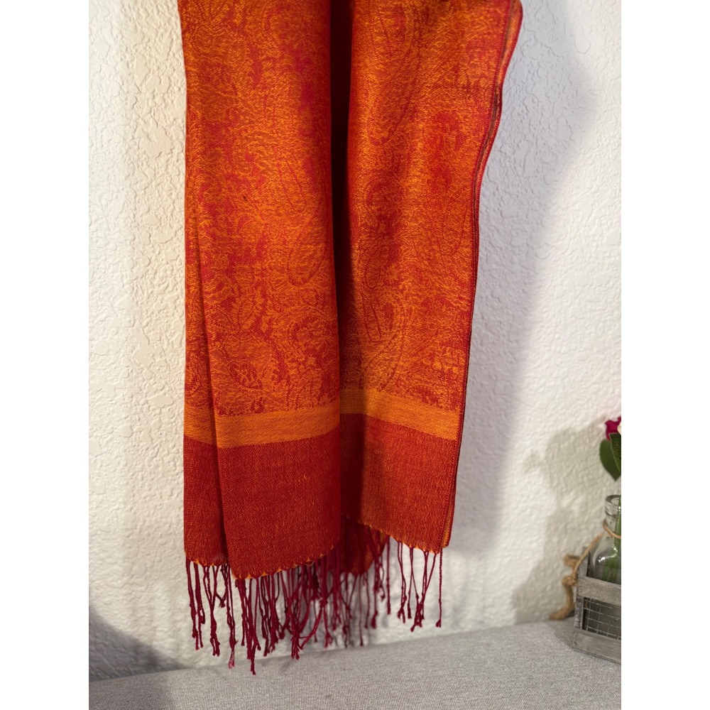 Pashmina Cashmere Silk Paisley Scarf Shawl Wrap Orange Red Made in Italy 27x74 - Picture 4 of 10